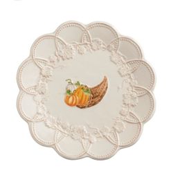 Mud Pie White Ceramic Scalloped Plate with Pumpkin Cornucopia Design