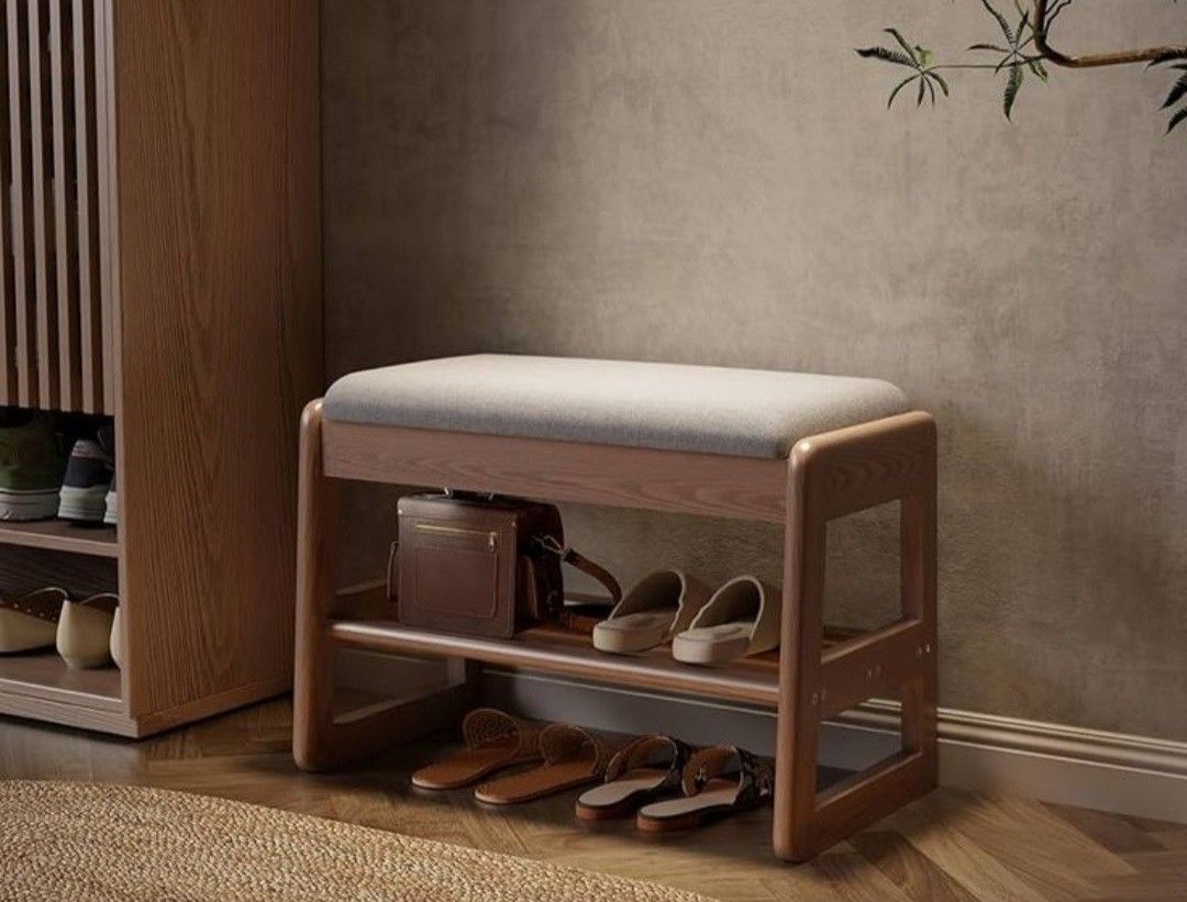 🪑 Brand New KASLANDI Small Shoe Bench with Cushion – 2-Tier Wood Entryway Storage (Walnut, 23.6”) 🪑