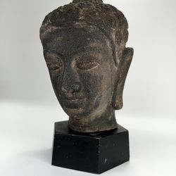 Antique Large Chinese Tibetan Carved Black Volcanic Solid Rock Head 19th Century