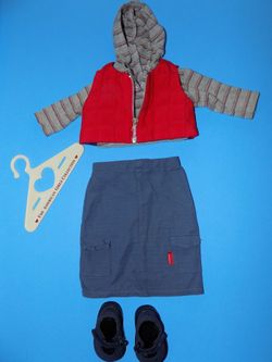 Retired American Girl Urban Meet Outfit Red Vest Denim Skirt Hoodie Top & Shoes