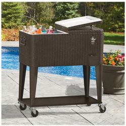 80 Quart Wicker Patio Rolling Cooler Cart On Wheels W/ Tray Ice Chest Backyard Patio Furniture