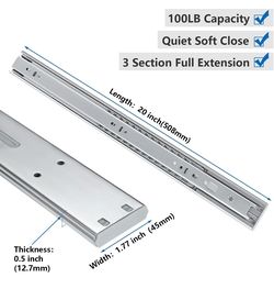 homdiy 10 Pair Soft Close Drawer Slides 20 Inch,Heavy Duty Side Mount Rails 100LB Capacity (Silver) for Kitchen Cabinets,Dressers,Wardrobes; Ball Bear
