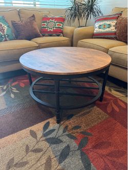 Round Industrial/Farmhouse Coffee Table with Storage Shelf