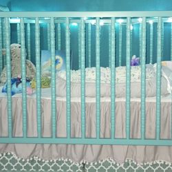 New Nursery Set - Crib Skirt, Sheets, Teethers, Storage Bins & Newborn Robe - STARS - Turquoise & Gray