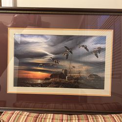 TERRY REDLIN PRINT ‘SILENT SUNSET’ Wildlife Geese Pond Red Barn Framed Matted 