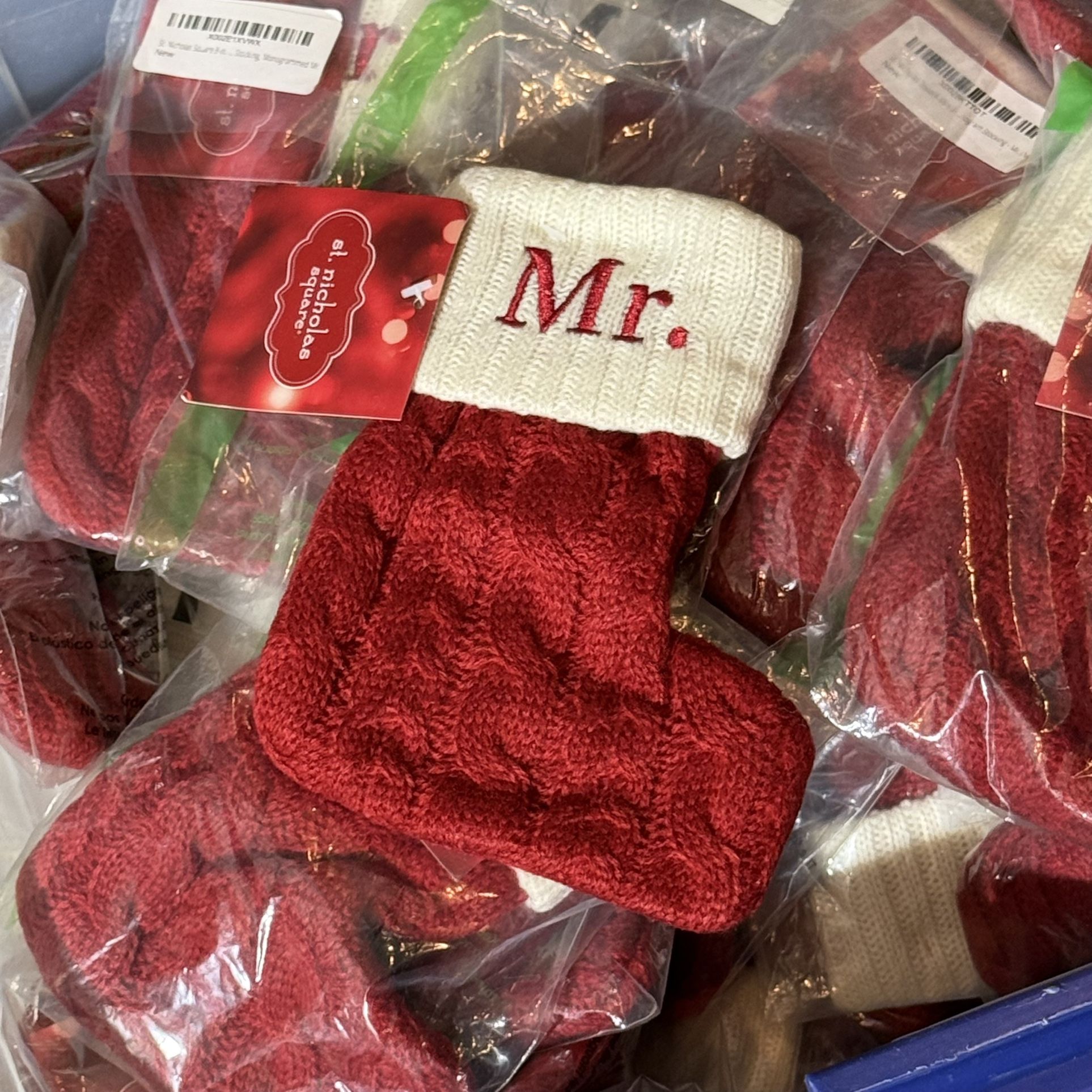 Lot of 90+ St. Nicholas Square Mini Knit Christmas Stockings • “Mr.” Embroidered – New