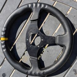 13 inch leather stitched black steering wheel with yellow accent