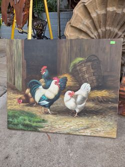 An oil painting of a farmyard scene featuring a rooster and hens inside or near a barn.