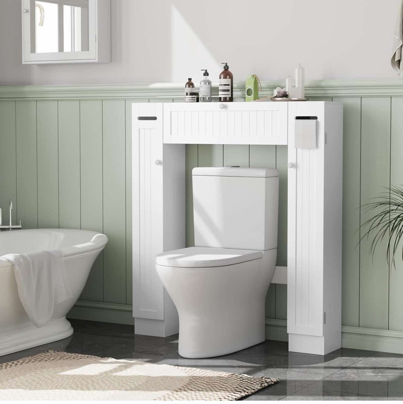 Wooden Over The Toilet Storage Cabinet Drop Door Spacesaver Bathroom White L-44