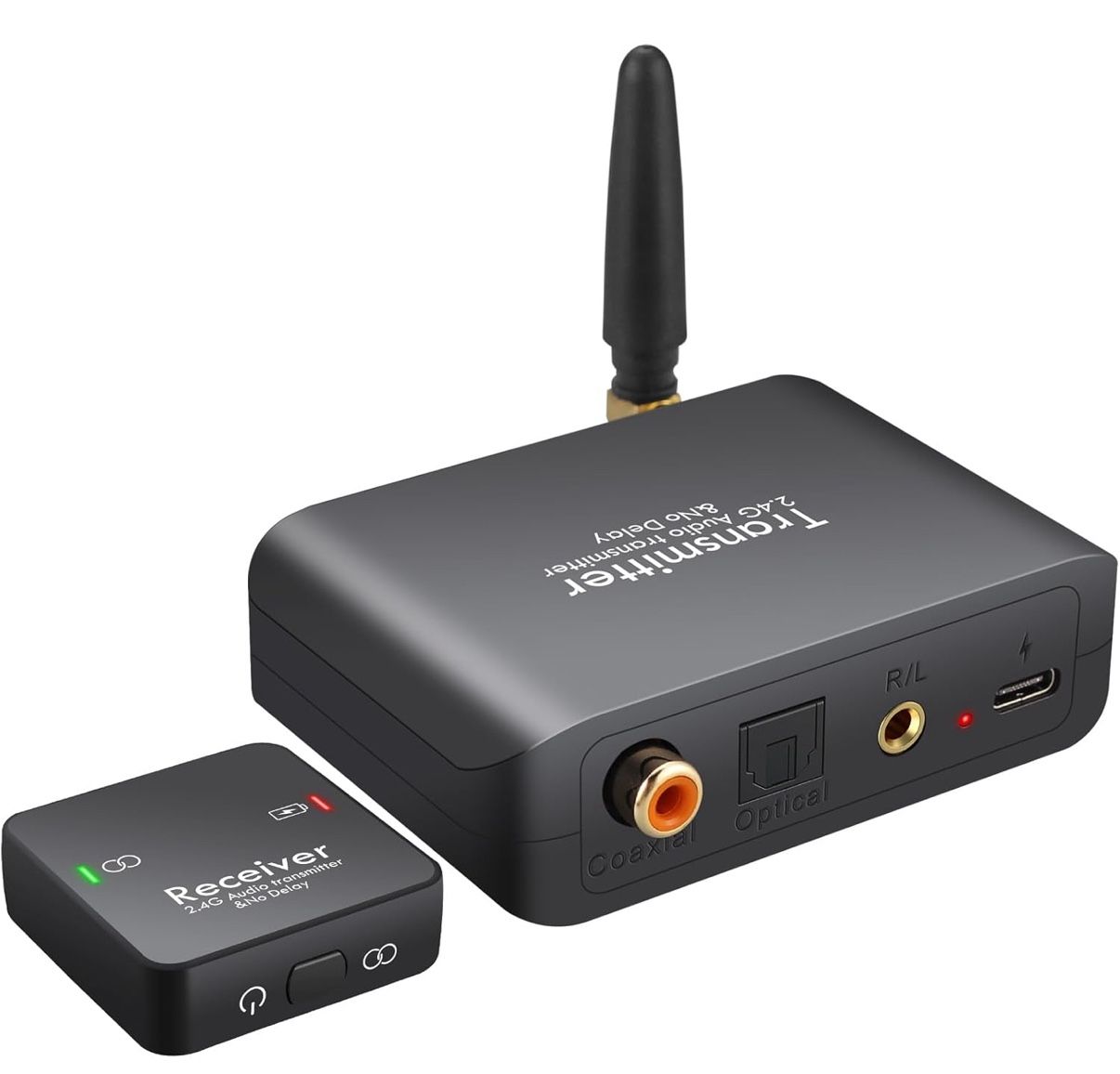 2.4Ghz Wireless Audio Transmitter Receiver for TV Support Optical Coaxial 3.5mm Input 96kHz/24bit Digital Audio Adapter with Low Latency 165ft Long Ra