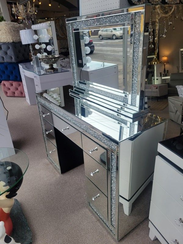 Mirrored Vanity & Mirror with LED Lights