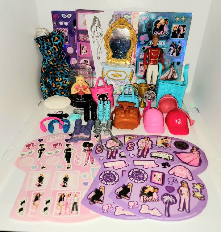 lot of Barbie clothes, accessories, stickers, furniture, and more