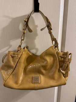 Dooney & Bourke Patent Leather Hobo Shoulder Bag Tan Drawstring Gold Hardware