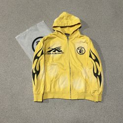 Yellow Flame Zip Hoodie Streetwear | Size L
