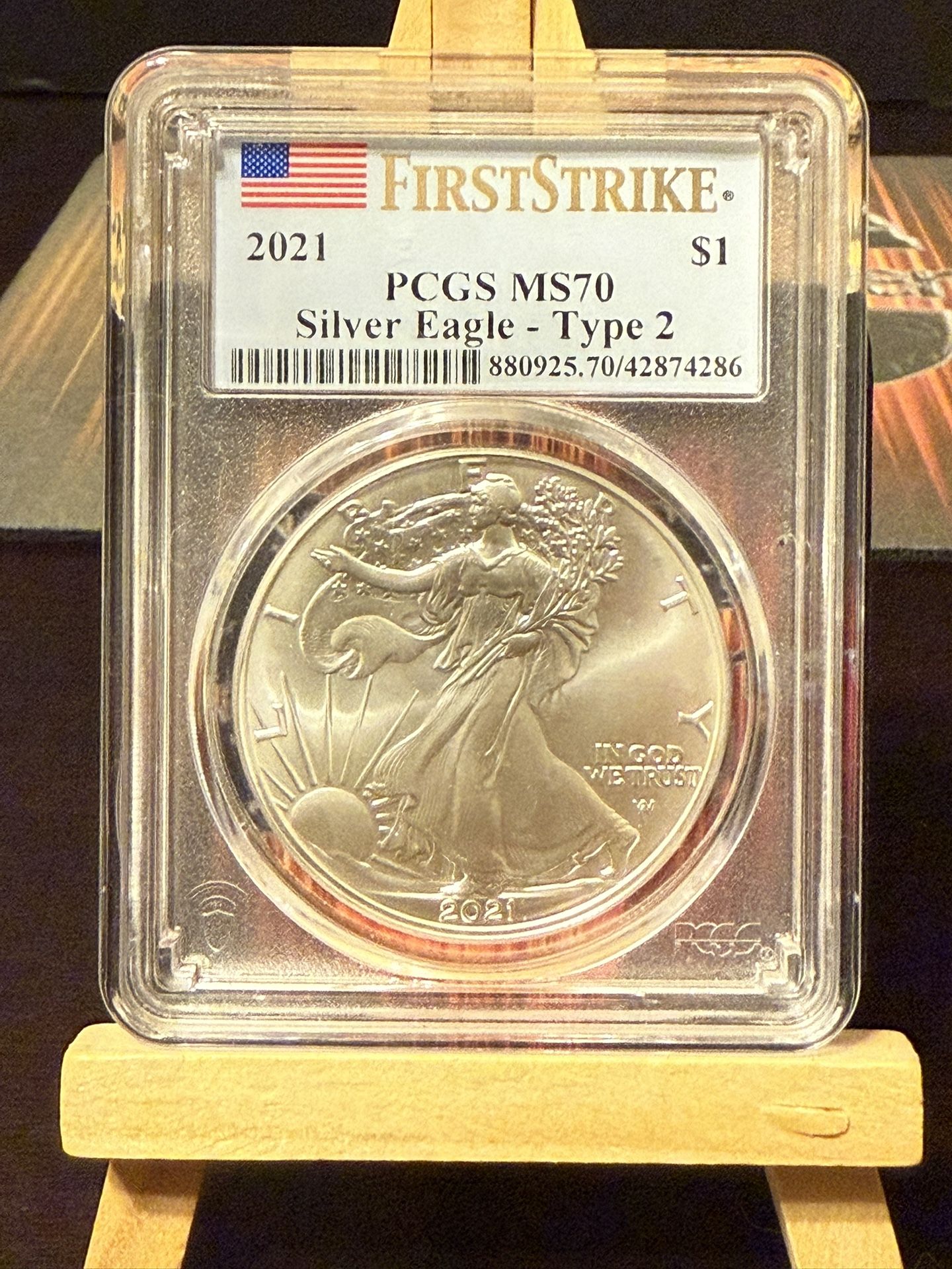 2021 PCGS MS70 Silver Eagle Error, Strike Through