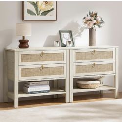 Night Stands Set of 2 for Bedroom, Large Bedside Tables with Drawer & Open Shelf, Wide Boho Rattan Nightstand Set Narrow Side Table for Master Bedroom