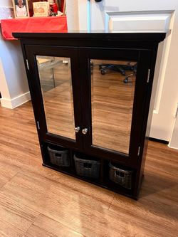 Black Display Cabinet with Glass Doors & Storage Baskets in Good Condition (pick up Lakeline mall area)