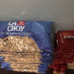 10 Expired La Choy Chow Mein, 12 Beef Ramen Express, 2 Bac’n Pieces 