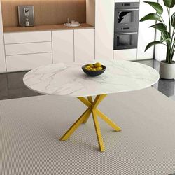 Modern Marble-Look Extendable Dining Table with Gold X-Base, Round to Oval 42-59", White MDF Top, Seats 4-6, Smooth Corners for Small Apartments, Kitc