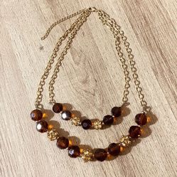 Layered Crystal Necklace Brown Gold Tone Chain Rhinestone Balls Faceted Beads