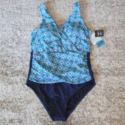 NWT Swim Solutions Blue One Piece Bathing Suit Tummy Control Bust Support Sz 10
