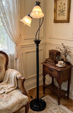 Art Nouveau Double Gooseneck Floor Lamp - Twin Frosted Lily Tulip Bloom Shades with Sculpted Leaf Base