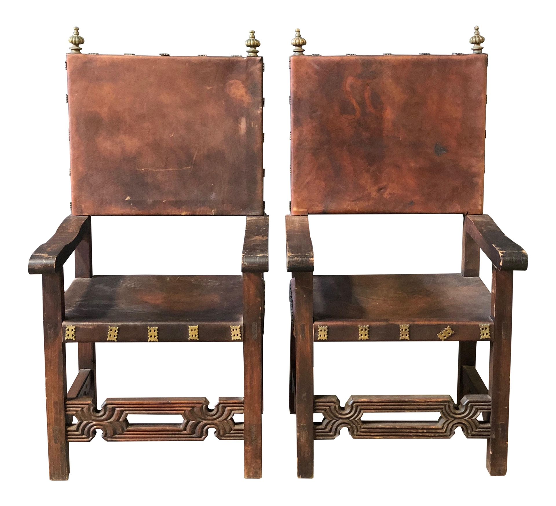 Spanish Antique Walnut Leather circa 1940s dining room chairs - handmade - exquisite set of 4
