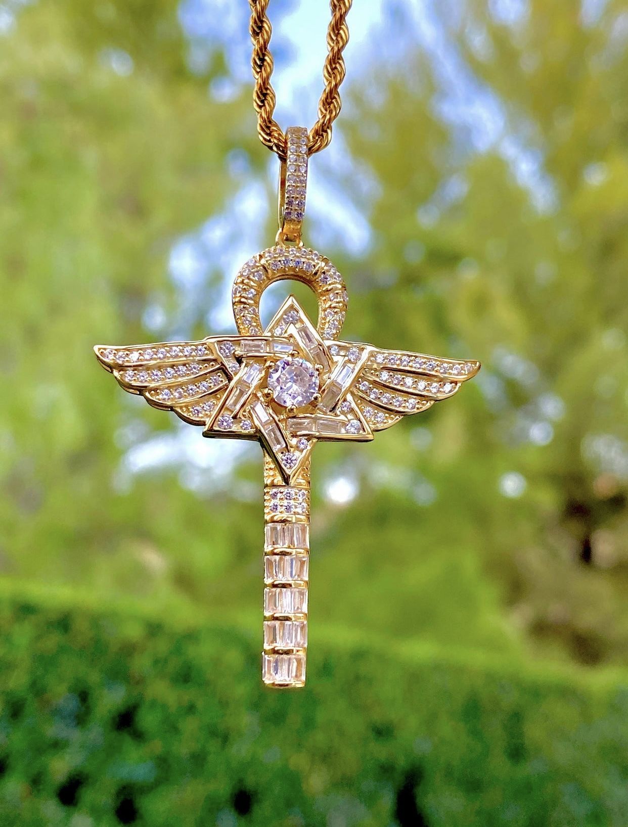 Italy 925 Sterling Silver Angel Ankh Cross 14K Gold 5X Layered Iced ...