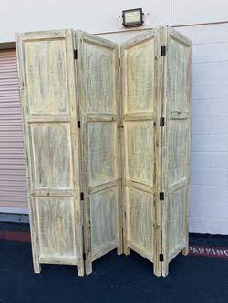 Vintage Solid Pine 4-Panel Room Divider | Folding Privacy Screen | Yellow