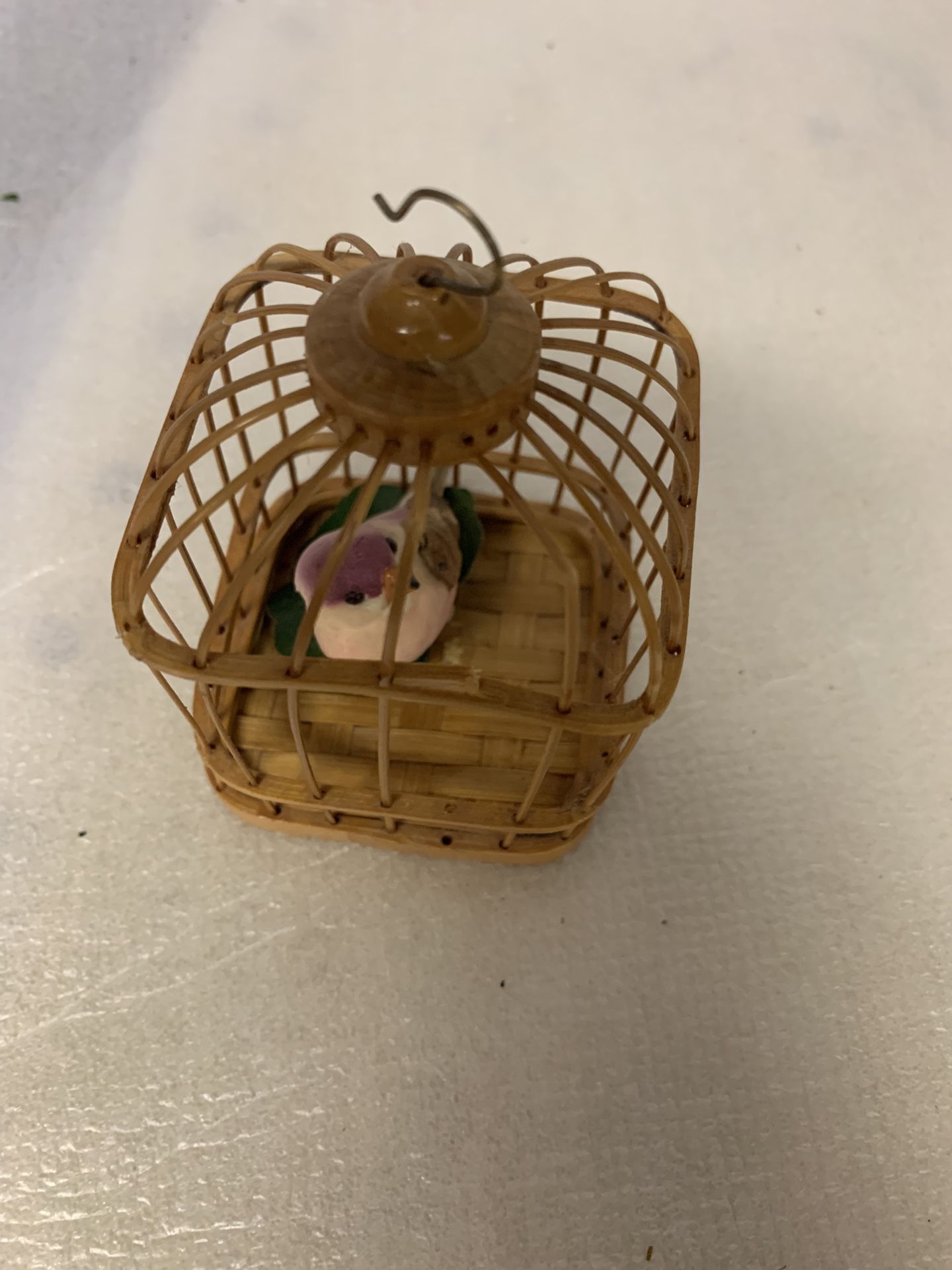 Vintage Chinese Bamboo Miniature 4" Hanging Bird Cage Decor Ornament With Bird