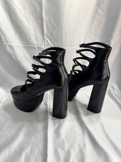 Gothic Black Multi Strap Platform Pumps Silver Buckle Chunky Block Heel Size 9