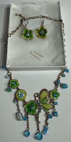 Whimsical Fairycore Green & Blue Enamel Butterfly Flower Statement Necklace & Earrings Set with Gift Box