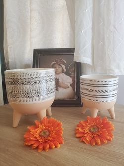 Set of Two Plant or Flower Vases for Home Decor | Striped Pot | Outdoor/ Indoor Planter