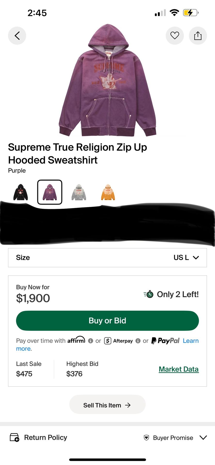 Supreme Collaboration w/ True Religion Purple Zip up hooded sweatshirt Limited edition