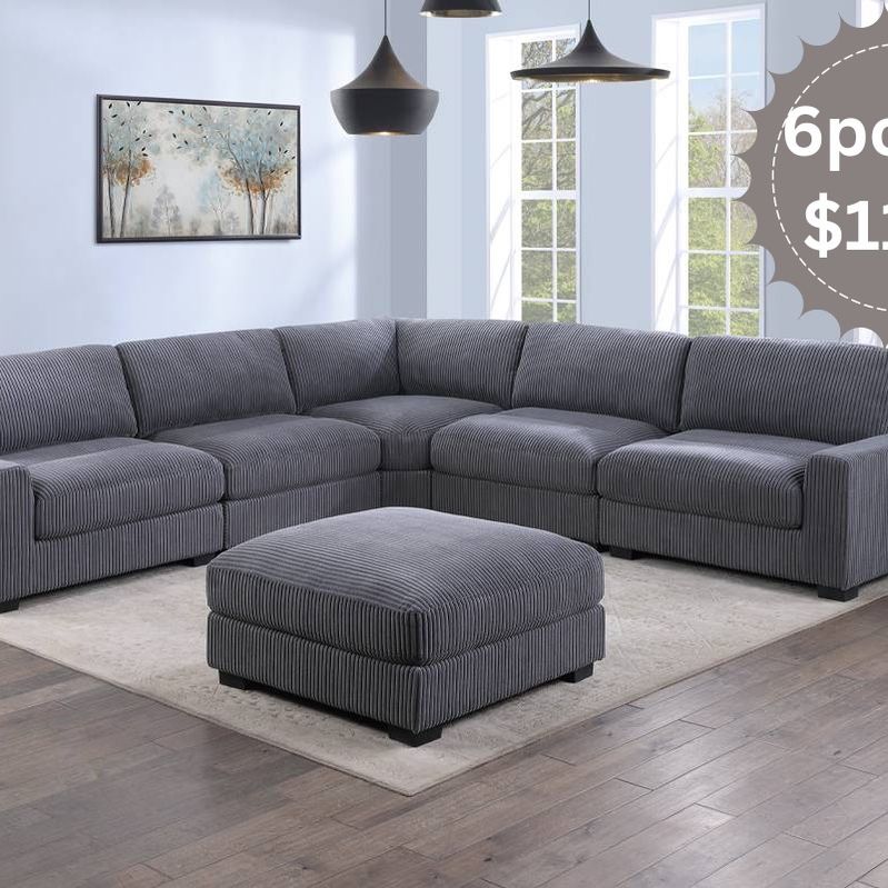 Grey Sectional Sofa - 6pc Modular Sectional With Ottoman
