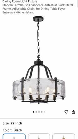 Water Textured Glass Chandelier, 22 " Black Round Dining Room Light Fixture Modern Farmhouse Chandelier, Anti-Rust Black Metal Frame, Adjustable Chain