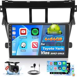 Car Stereo Radio for Toyota Yaris Vios 2007-2013 with Wireless Carplay Android Auto, 4+64G 9 inch HD IPS Thouch Screen Bluetooth Radio with Bluetooth5