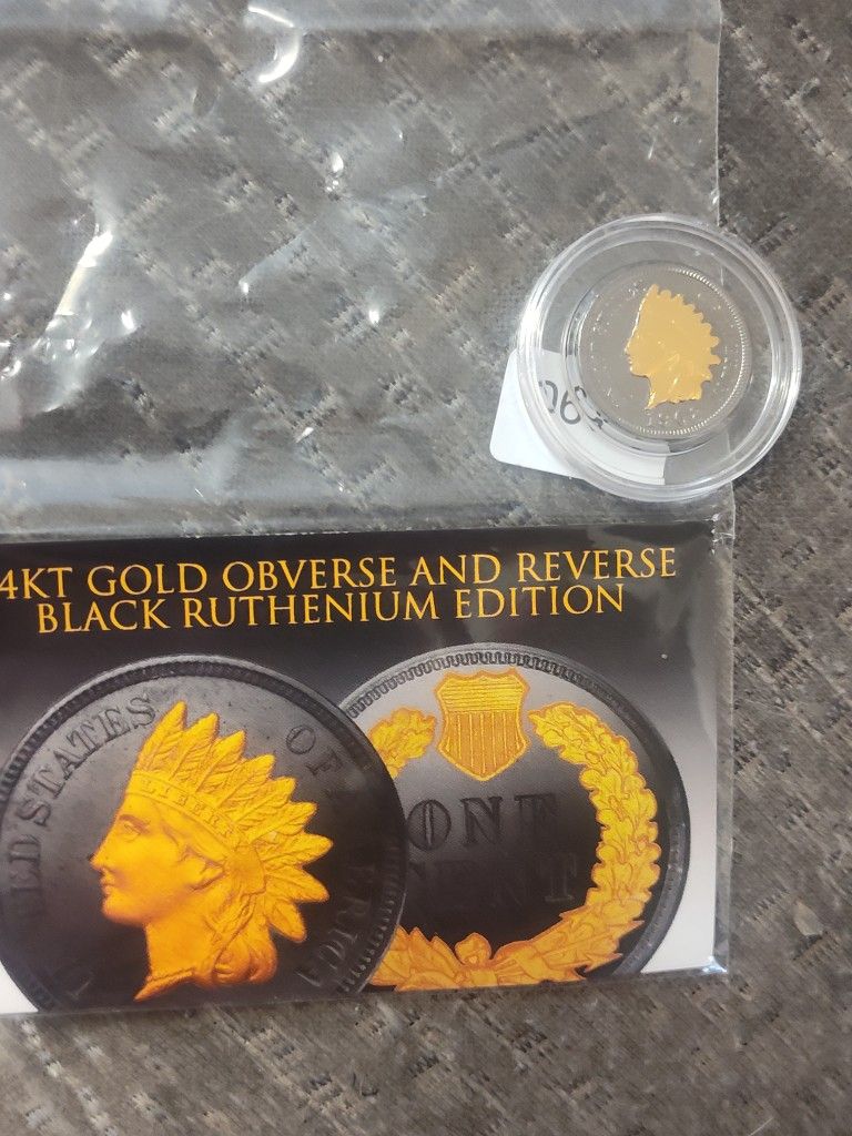 1902 Indian Head Penny Layered In Black Ruthium And 24kt Gold