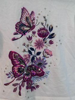 White Graphic Tee with Sequin Butterfly Design