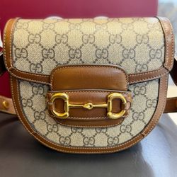 Gucci GG Supreme Monogram Mini Horsebit 1955 Rounded Shoulder Unisex Bag Beige Brown