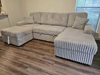 🔥 Brand New Gray Corduroy U-Shaped Sectional Sofa Couch W/ Sleeper Bed, Cup Holders & Storage Ottoman | Pickup & Delivery 🚚