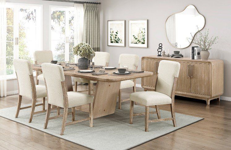 Versatile Style, natural finish dining set crafted from a durable blend of wood & oak veneer