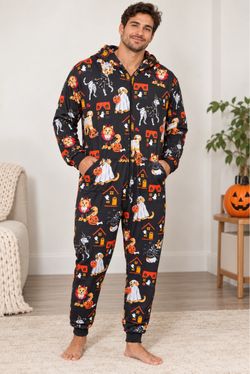 Men’s / Unisex Halloween Dog Print Onesie 🐶🎃 Black XL Cozy Costume Lounge 🎃