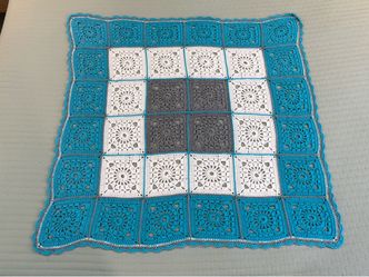 Vintage 1960’s MCM Color/ Design Handmade Crochet Throw Blanket - Teal, White & Gray