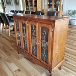 Vintage Oak China Buffet With Leaded Glass 