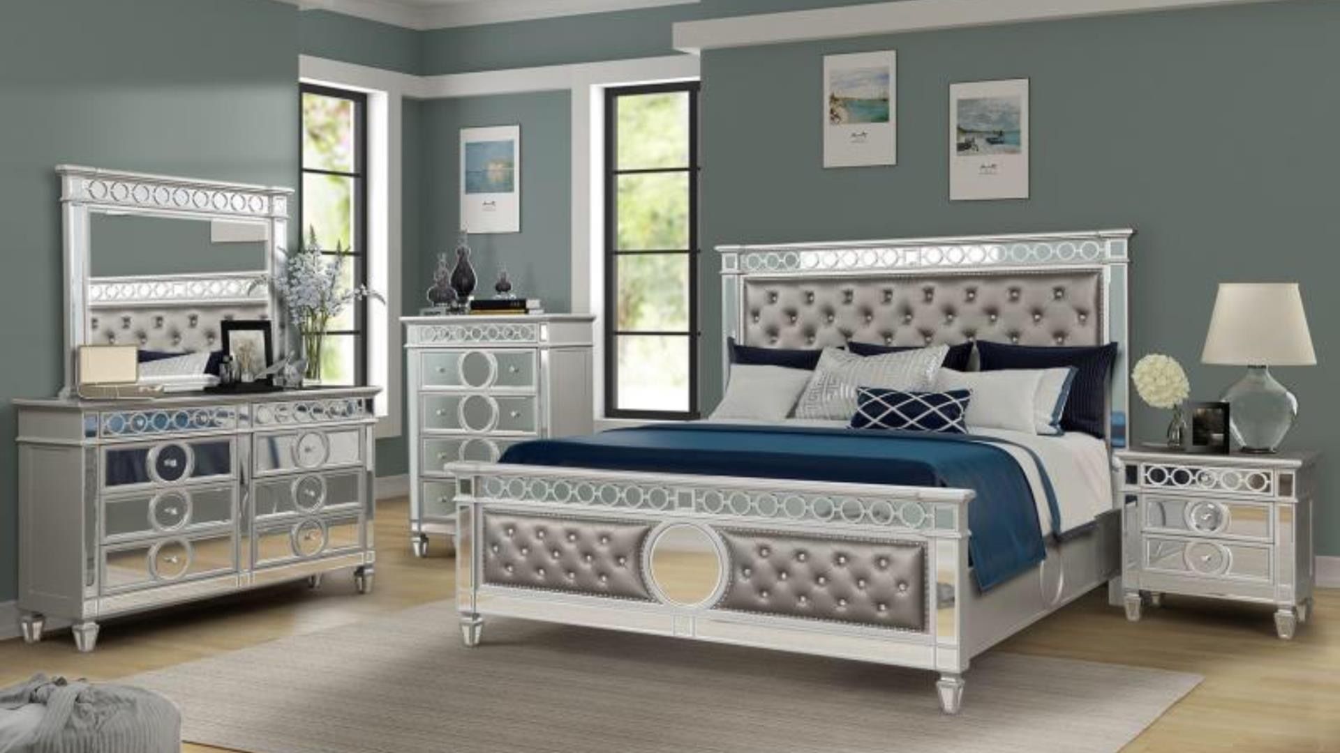 Clean, Mirror design with Crystal upholstered Bedroom Set in silver  