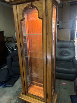 Vintage Lighted Wood Curio Cabinet with Glass Shelves