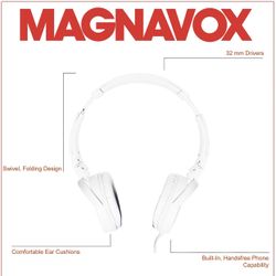 Magnavox MHP5026M-WHITE - Auriculares estéreo plegables con micrófono, color blanco