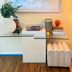Post modern white stucco and glass console table