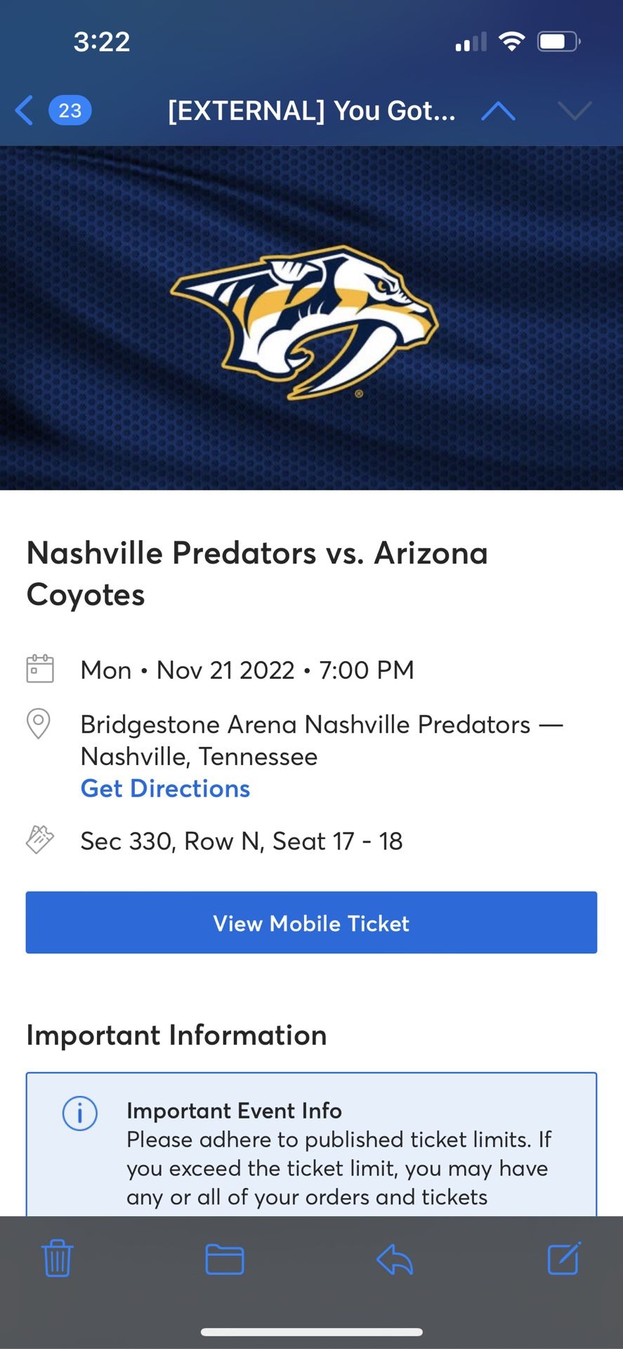 Arizona Coyotes @ Nashville Predators Hockey Tickets Bridgestone Arena